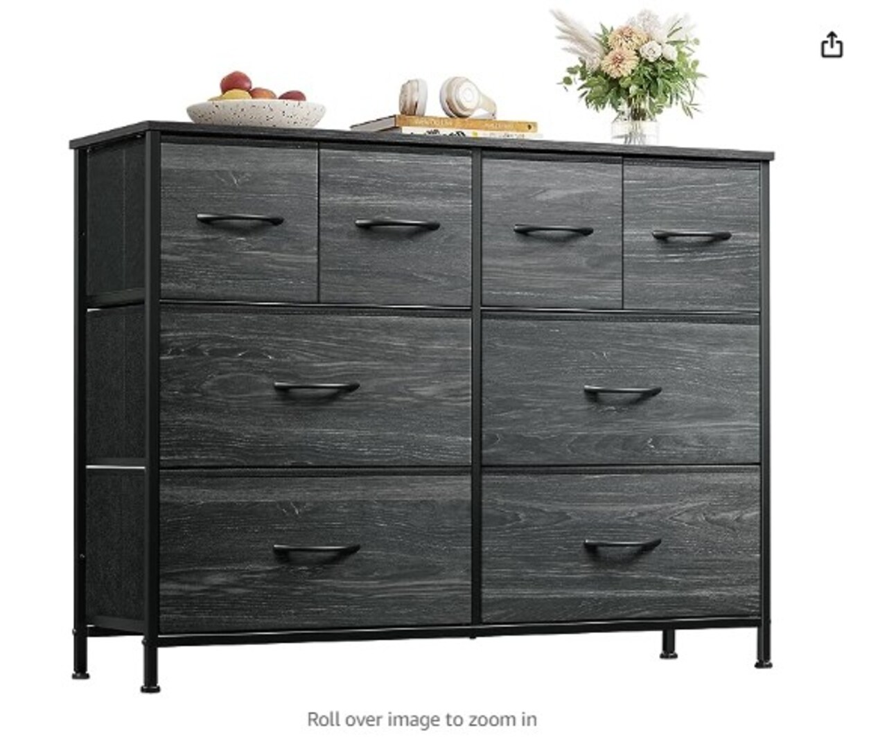 Dresser for Bedroom with Eight Drawers, Dresser, Chest of Drawers, and Wide Fabric Storage and Organization The nursery, living room, hallway, and closet Black Wood Grain Print in Charcoal